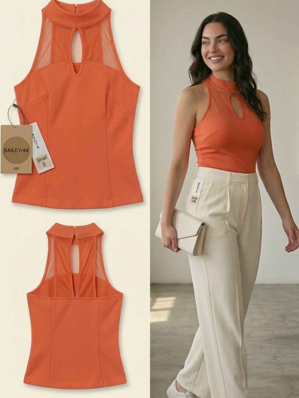NWT Bailey/44 High Neck Illusion Mesh Keyhole Halter Top Orange S